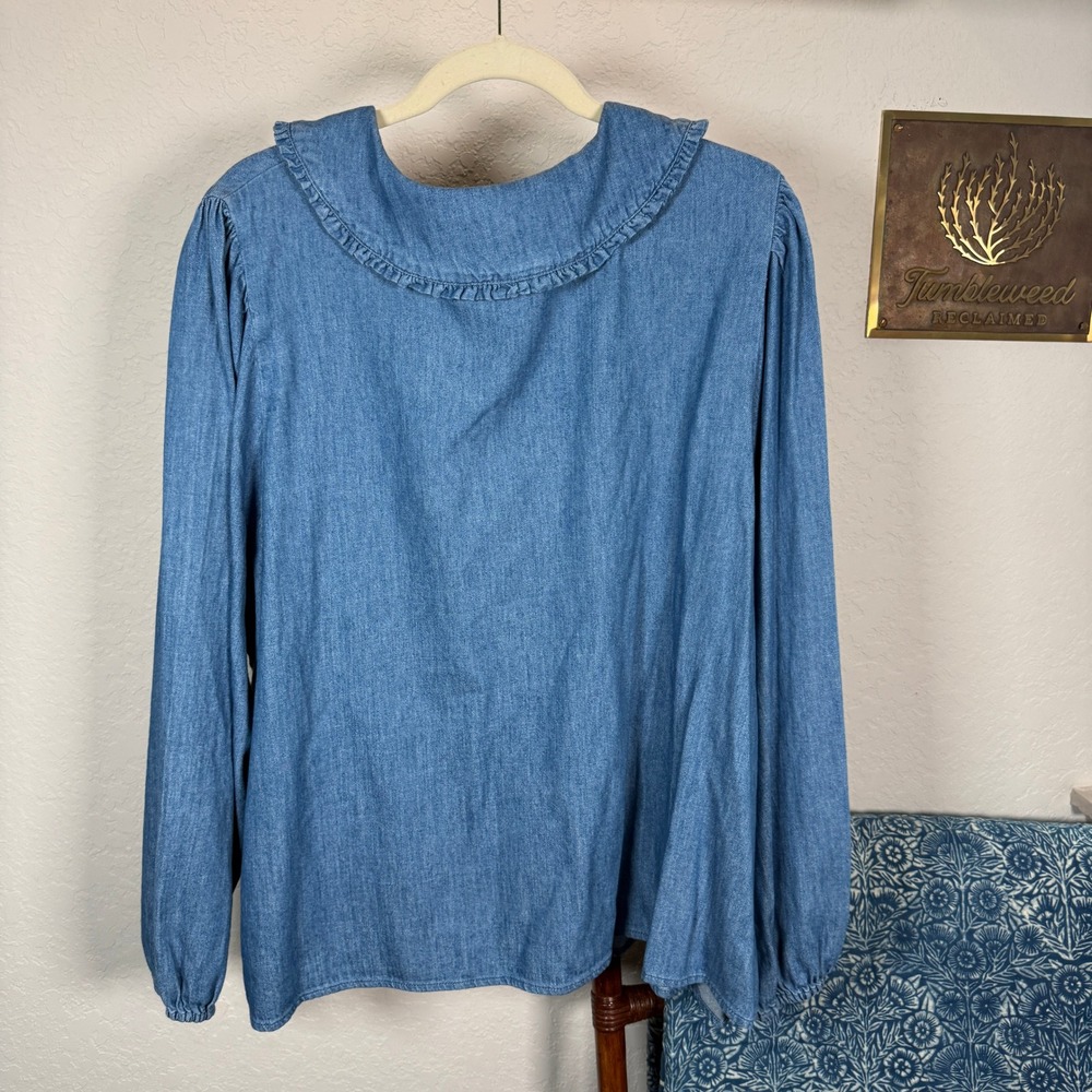 Old Navy Womens XXL Blue Chambray Denim Ruffle Peter Pan Collar Tie Front Blouse - Picture 7 of 7